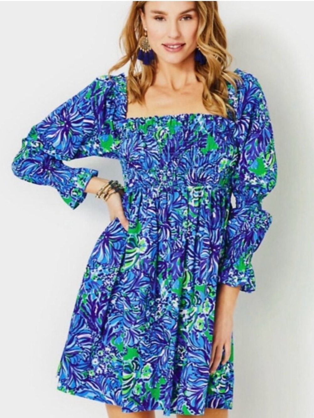 Lilly Pulitzer Blue & Green Floral Smocked Square-Neck Mini Dress